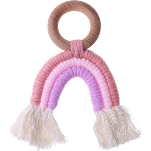 Baby Teething Wooden Ring Rainbow Tassel Macrame Cotton Boho Nursing Teether Toy Q1FE