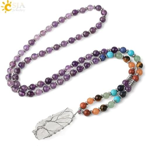 CSJA 6mm Round Bead Long Necklace Irregular Clear Crystal Pendant Necklaces Reiki Yoga 7 Chakra Sweater Chain for Women Men G373