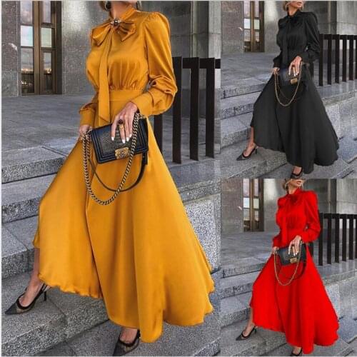Elegant Dresses Classy Outfits Womens Fashion Autumn long Sleeve Satin yellow dress Chic Maxi dress