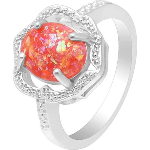 UFOORO Fire opal rings flower design silver color Unique blue/pink/yellow opal jewelry wedding engagement rings women/girl gifts