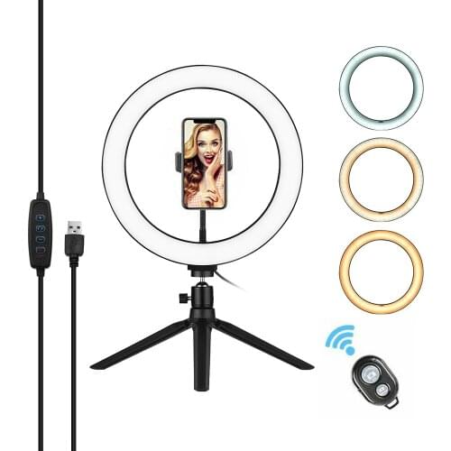 10 Inch LED Ring Light Dimmable 3200K-5500K Table Camera Light Lamp USB Powered with Tripod Stand Phone Holder Remote Control
