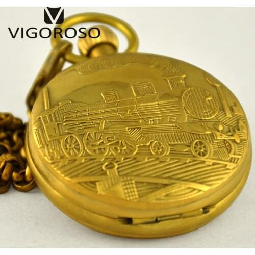 Collectible Antique Hand Winding Mechanical Pocket Watch Old Copper Carved Steampunk Steam Train Fob Chain Pendant Clock Roman