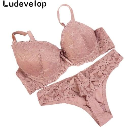 Sexy Lingerie 6 Colors Bra Set Push Up Solid 34B-38C Bra Women Deep V Lace Decro Underwire Outfit Sexy Bra Thong suit