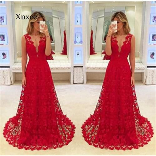Red lace Party Gowns for Womens Elegant Long Lace Dress Formal Party Prom Gown Dress Red Floor length Dress deep V neck