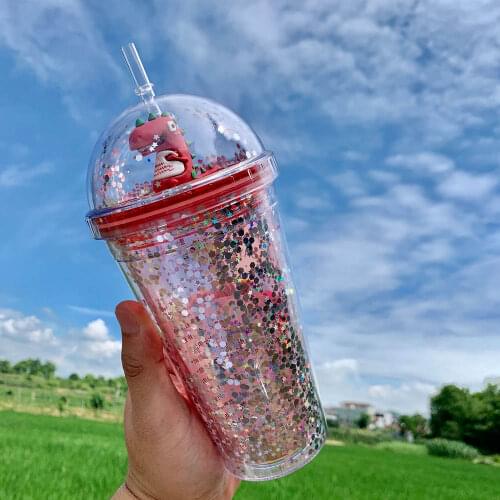 Creative Dinosaur Water Bottle Plastic Straw Sealing Cover Double-Layer Milk Tea Cup Summer Cartoon Ice Cup Durable Eco-Friendly