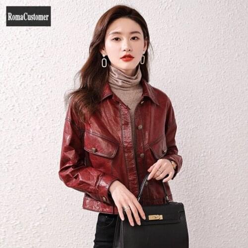 2021 Autumn New Genuine Leather Jackets Womens Short Sheepskin Turn-Down Collar Long Sleeve Solid Elegant Female Outerwear