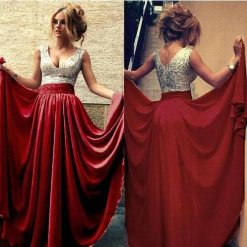 2017 hot Cheap Bridesmaid Dresses Under 50 A-line Deep V-neck Champagne Chiffon Sequins Long Wedding Party Dress plus size 2-26w