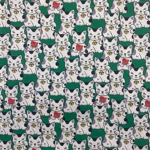 Lovely 100% Cotton Fabric Green Bottom Fortune Cat Pattern Digital Print Sewing Material DIY Home Patchwork Dress Clothing