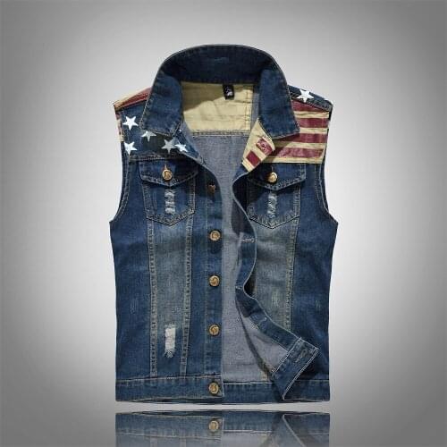 Mens Hip Hop Denim Vest Men Cowboy Sleeveless Jacket USA Flag Patchwork Jeans Vest Male Blue Waistcoat Plus Size Gilet Homme 5XL