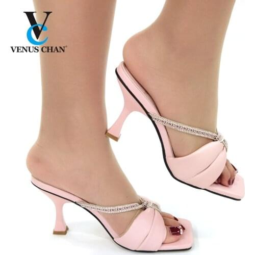 New Mules Women Slippers 2021 Summer Square Toe High Heel Ladies Sandal Weave Quality Stiletto Dress Shoes Slides 37-42