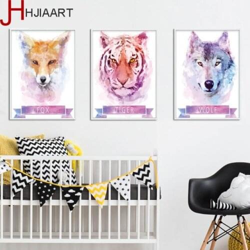 Tiger Wolf Wall Art Canvas Posters and Prints Painting Watercolor Animal Nursery Picture Children Bedroom Decoration