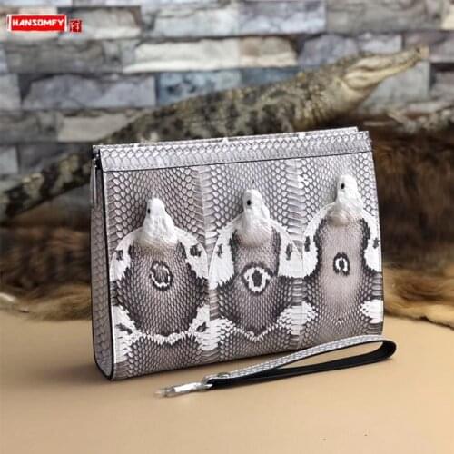 New Snakeskin Leather Mens Clutch Bag Large Capacity Wallet Men Clamp Bag Hand Clutch Bags Real Cobra Head Male Vintage Soft