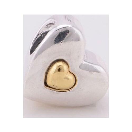 New Authentic 925 Sterling Silver Heart Charms With Gold color Heart Charms Suitable for Pandora Style Charm Bracelets