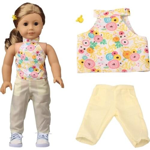 Doll Clothes Yellow flower Linen Pants Style Fit 18Inch American Doll Girls And 43Cm New Born Baby item, Baby Girls Toy Gift