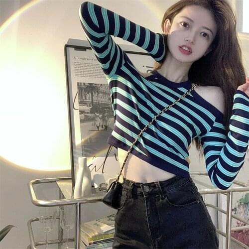 Autumn short section striped slim casual off-shoulder long-sleeved t-shirt women