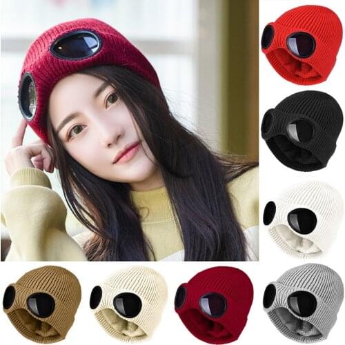 Autumn Fashion Hat With Glasses Women Winter Solid Casual Beanie Knit Korean Knitted Orange Black Head Warmer Cap