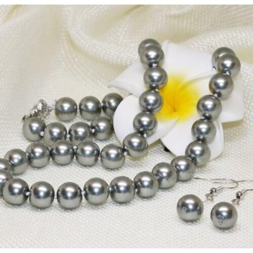 Bohemia style unique design free shipping simulated-pearl shell necklace earrings 10mm gray elegant jewelry set 18inch B2338