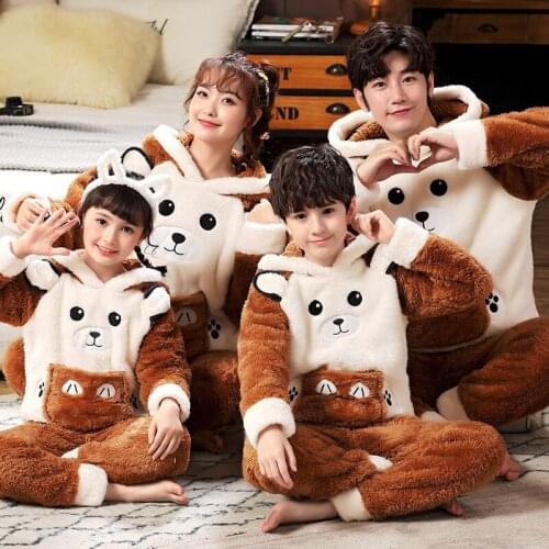 Autumn Winter Parent-Child Pajamas Set Flannel Cartoon Pyjamas Long Sleeve Thick Warm Coral Fleece Sleepwear Men Women Homewear