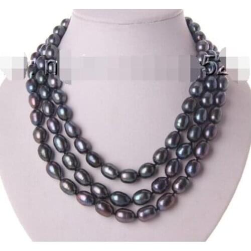 Stunning 3rows big 9mm baroque black freshwater cultured pearl necklace s2173