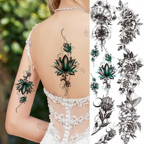 Realistic Black Lotus Temporary Tattoos For Women Girl Snake Bird Peony Eye Fake Tattoos Sticker Body Art Washable Tatoos