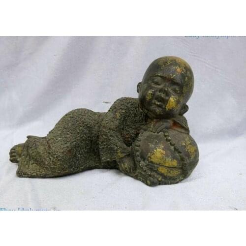 China old bronze gild carved sculpture Feng Shui lucky beautiful boy ball statue