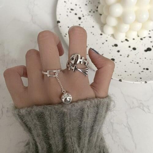 Fish Bone Silver Color Open Rings Accessories for Women Glossy Ball Pendant Adjustable Opening Ring Girls Lovely Gift