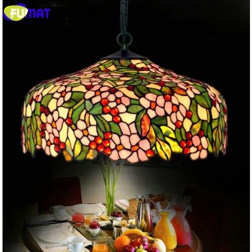 FUMAT Stained Glass Pendant Lamp Creative Art Apple Flower Rain Glass Beads Lights Living Room Restaurant Pendant Light Fixtures