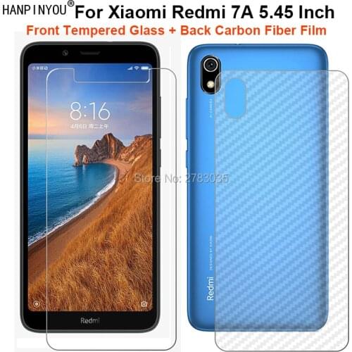 For Xiaomi Redmi 7A 5.45" 1 Set = Soft Back Carbon Fiber Film +Ultra Thin Clear Tempered Glass Front Screen Protector