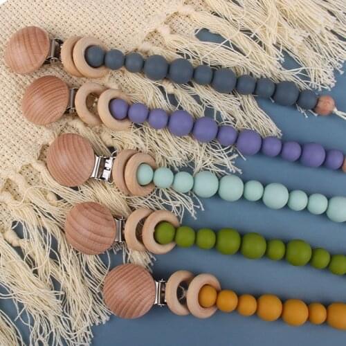 Baby Pacifier Clips Silicone Beads Wooden Ring Pacifier Chain Infant Nipple Appease Soother Chain Clips Dummy Holder Nipple Clip
