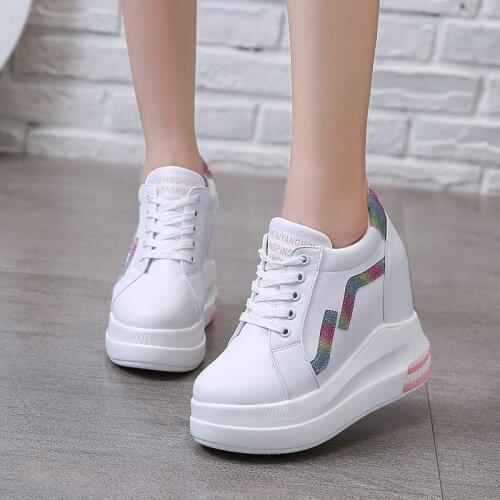 XJRHXJR Woman Shoes Leather 12cm High Heels Footwear Wedge Platform Lace Up Hidden Heel Women Sneaker Bling Womens Casual Shoes