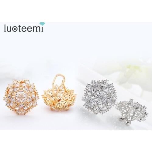 LUOTEEMI Champagne Gold Color Pure Clear AAA Cubic Zirconia Flower Big Stud Earrings for Women Luxury Bridal Jewelry