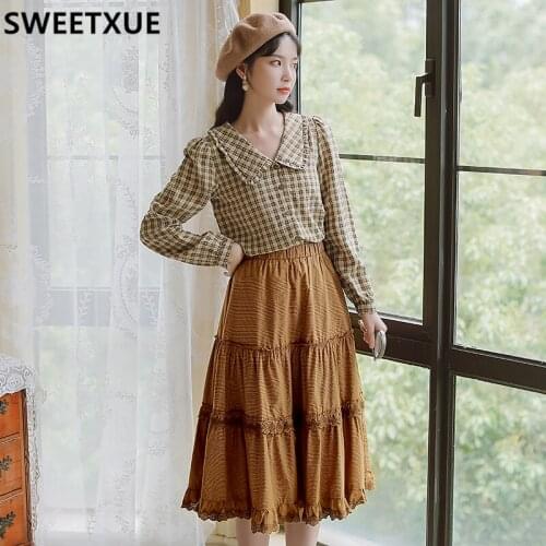 SWETTXUE Ladies 2-Piece Set Preppy Style Pan Peter Collar Long-Sleeved Plaid Shirt Female + Stretch Skirt Fashion Suit Outfits