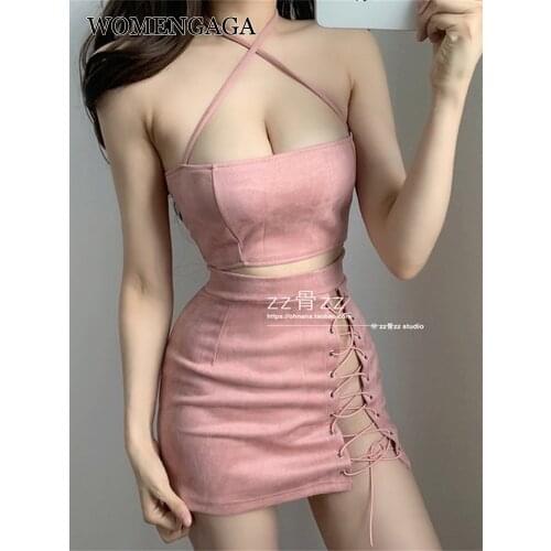 WOMENGAGA European American Low Chest Slash Neck Sexy Halter Lace Up Short Tops + High Waist Side Mini Sexy Dress Set 8O2A