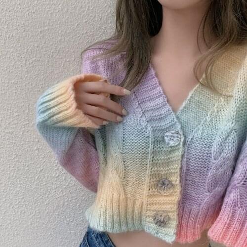 Women Autumn Winter New Rainbow Tie-Dye Color Matching Sweater Wearing V-neck Knitted Cardigan Short Long-Sleeved Tops