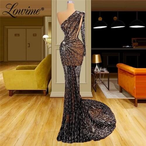 Lowime Illusion Black Beaded Evening Dresses 2021 Mermaid Beading Long Train Elegant Party Gowns Robe De Soiree Celebrity Dress