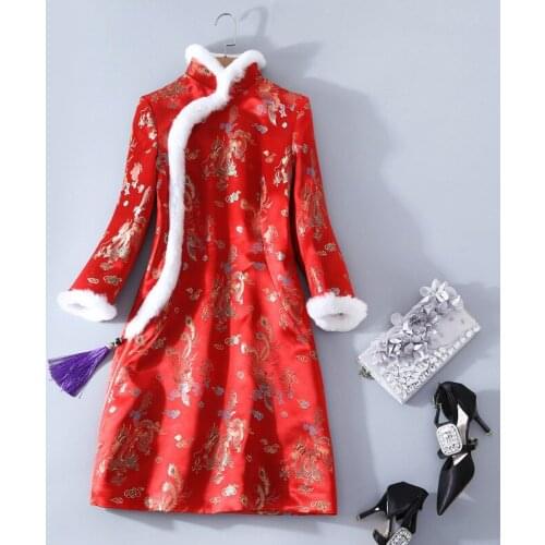 Winter Dress 2019 Chinese Traditional Dress Midi Elegant Chinese Dresses Qipao Warm Red Chinese New Year Cheongsam Dress DD1924