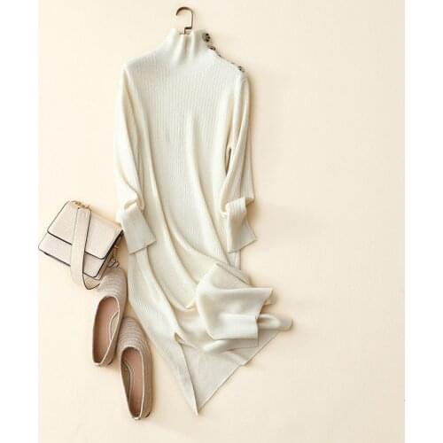 100% cashmere turtleneck white dress women long fashion casual ladies elegant pullover