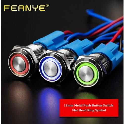 2pcs/lot 12mm Momentary Waterproof Push Button Switch 12V Red Led Light Button Switch for Doorbell Computer with Free Wires