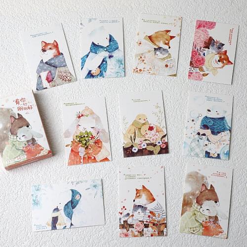 28Pcs/set Cartoon Business Cards Birthday Hand Drawn Postcard MINI Message Card Flowers Envelope Postcards Student Stationary