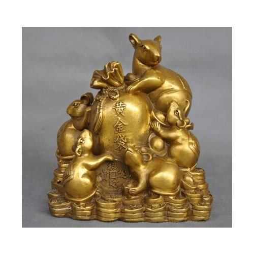 5'' China Zodiac Five Rat Mouse Money Coin Bag Bronze Statue word copper Brass Fine Arts Crafts decoration