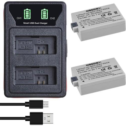 1500mAh LP E5 LP-E5 LPE5 Battery + LED Dual USB Charger with type-C port for Canon Eos 450D 500D 1000D Kiss X3 Kiss F Rebel Xsi