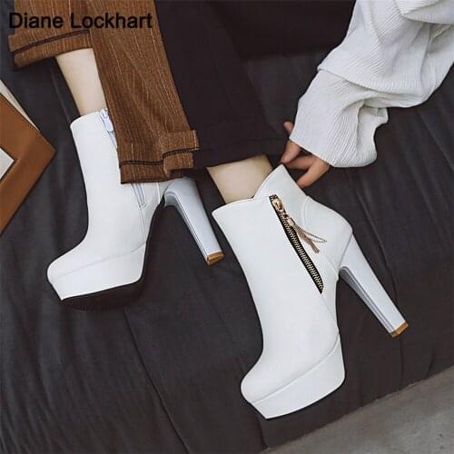 Women Ankle Boots Fashion PU Leather Platform Boots 10.5cm High heel Ladies shoes Side Zipper Tassel Short Boots for Women Shoes