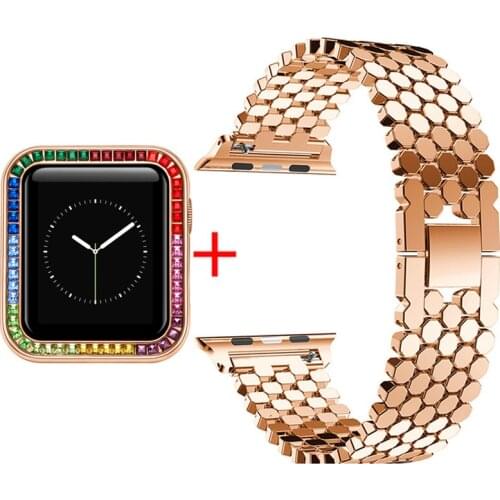 Luxury Stainless Steel Watch Strap Diamond Frame Case for Apple Watch Cover 6 SE 5 4 3 38mm 42mm 40mm 44mm Band Bumper Shell