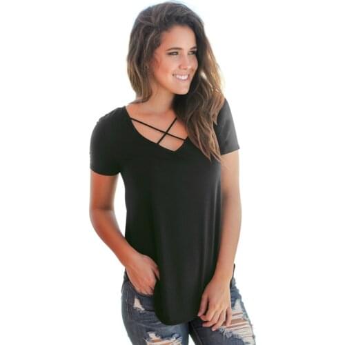 T Shirts Women Solid Criss-Cross V Neck Tees Shirts Tops 2018 Women Casual Basic Short Sleeve T-shirt for Female Ladies 9 Colors
