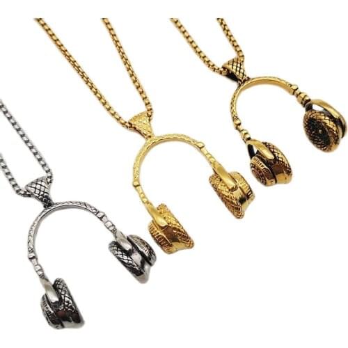 Jewelry Style 316L Stainless Steel Music Headphone Pendant Hip hop Rock Men Dog Tag Bling Bling Hip Hop Chain Necklace CAGF0183