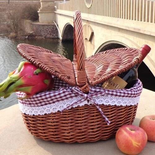 Wicker Willow Woven Picnic Basket Hamper As Shopping Bag With Lid And Handle Camping Picnic Shopping Food Fruit Picnic Basket