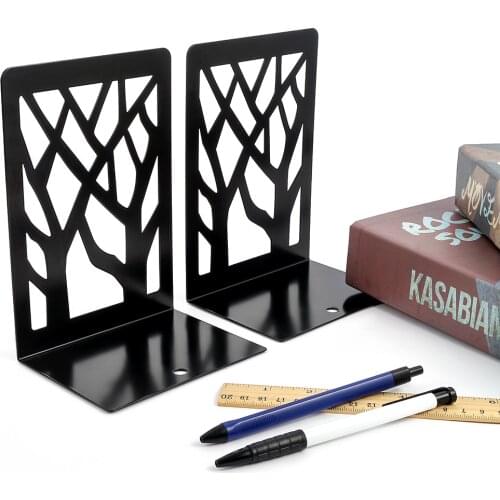 2020 Hot Metal Tree shadow Bookend Creative Hollow-out L Shaped Bookcases Book Holder Black Book Stand Metal Bookend 1Pair