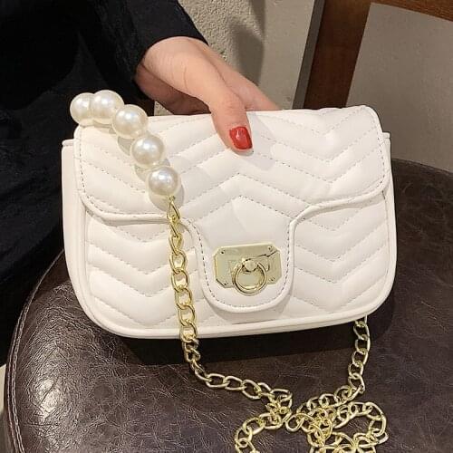 Small Square Shoulder Bags for Women Pearl Chain Messenger Bag Ladies Simple Designer Crossbody Bags Luxury Pu Leather Handbags