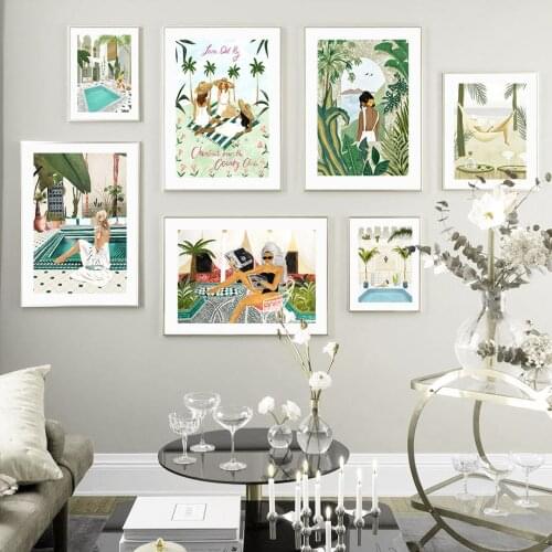 Tropical Beach Woman Wine Coconut Tree Wall Art Canvas Painting Nordic Posters And Prints Wall Pictures For Living Room Decor