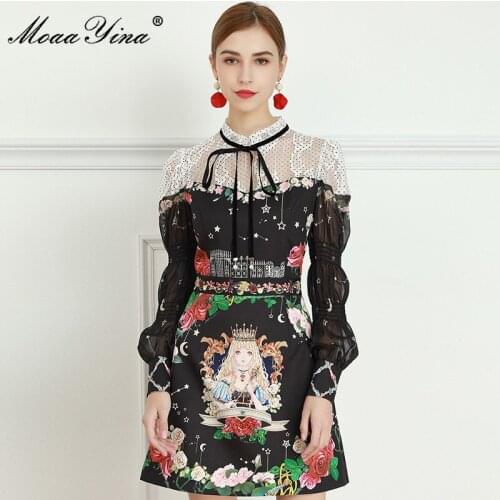 MoaaYina Fashion dress Summer Womens Dress Puff Sleeve Cartoon goddess Floral-Print Crystal Diamond Beaded Black Dresses
